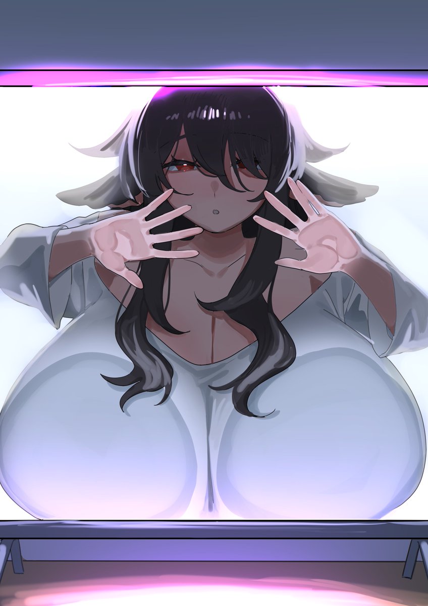 1girl, against_glass, animal_ears, black_hair, breasts, cleavage, commentary, commission