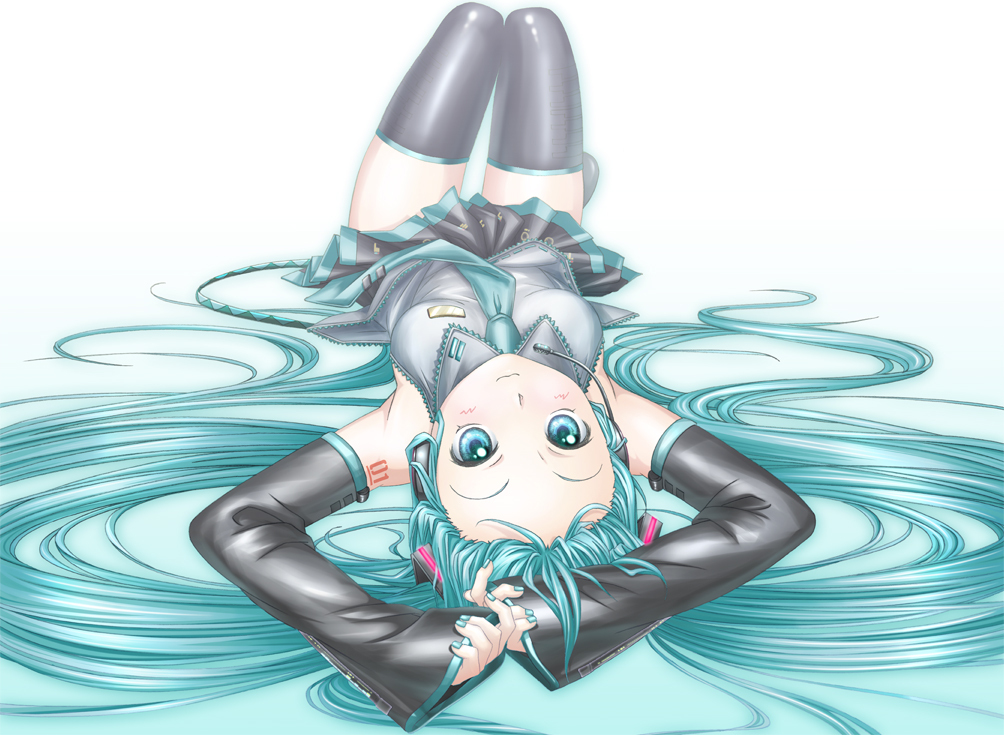 1girl, aqua_eyes, aqua_hair, aqua_nails, armpits, arms_up, detached_sleeves, female_focus
