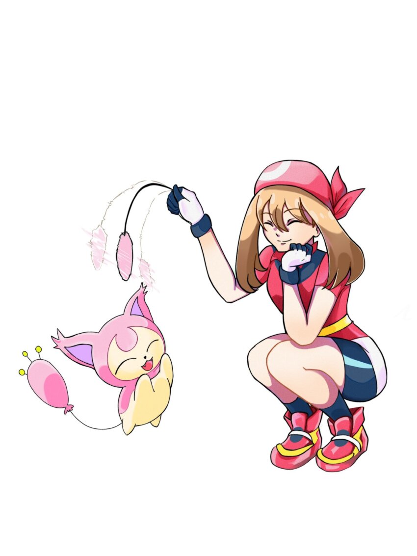 bandana, bike_shorts, bike_shorts_under_shorts, brown_hair, cat_teaser, closed_eyes, gen_3_pokemon, gloves, headband, highres, may_(pokemon), niji_ando, nintendo, open_mouth, pokemon, pokemon_(creature), pokemon_ruby/sapphire/emerald, red_bandana, red_shirt, shirt, shoes, shorts, shorts_under_shorts, skitty, smile, sneakers, solo, squatting, white_background, ych_commission