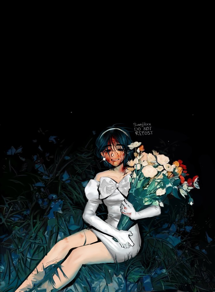 1girl, alien_stage, black_hair, blood, blood_on_face, blood_on_neck, bouquet, bow, chest_bow, commentary, dress, dress_bow, earrings, elbow_gloves, english_commentary, flower, gloves, grass, hairband, holding, holding_bouquet, jewelry, juliet_sleeves, long_sleeves, off-shoulder_dress, off_shoulder, on_ground, puffy_sleeves, red_flower, sanjiixx, short_hair, signature, sitting, smile, solo, sua_(alien_stage), white_bow, white_dress, white_flower, white_gloves, white_hairband, yellow_flower