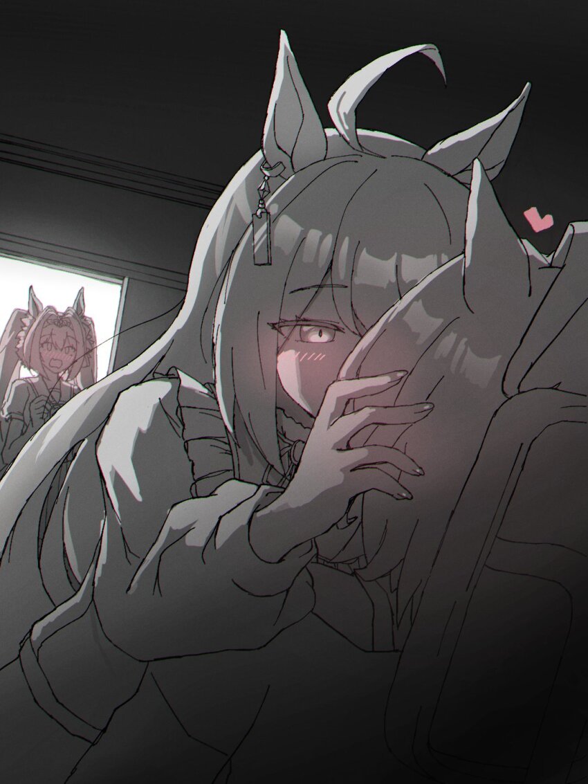 3girls, agnes_tachyon_(umamusume), animal_ears, blush, daiwa_scarlet_(umamusume), greyscale, hair_between_eyes, hair_intakes, hands_on_another's_face, highres, horse_ears, horse_girl, kiss, long_hair, manhattan_cafe_(umamusume), monochrome, multiple_girls, open_mouth, pixloen, sailor_collar, shirt, short_hair, short_sleeves, sidelocks, tiara, twintails, umamusume, yuri