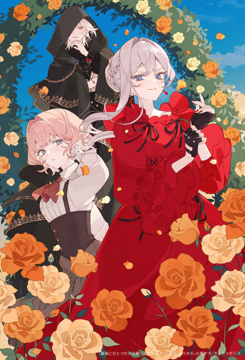 1boy, 2girls, absurdres, black_gloves, black_hood, black_overalls, black_ribbon, blue_eyes