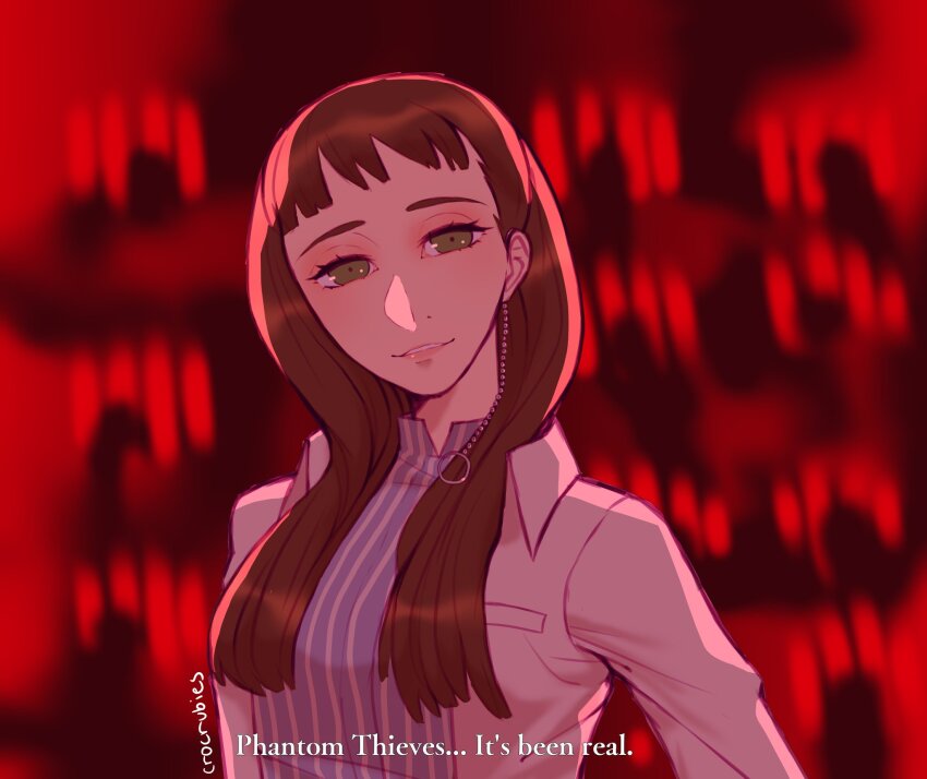 1girl, 2021, atlus, blue_shirt, brown_hair, crocrubies, green_eyes, hair_between_eyes