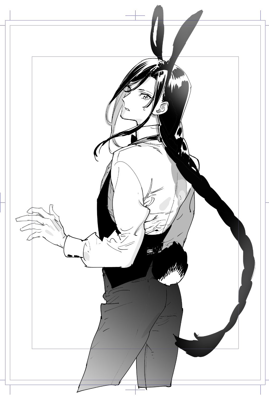 1boy, back, black_hair, black_jacket, black_pants, braid, braided_ponytail, greyscale