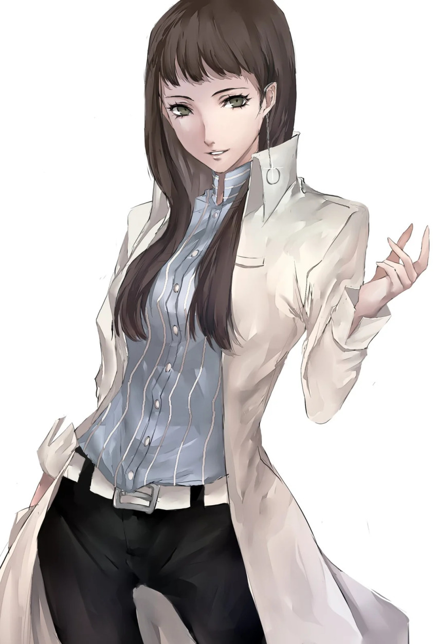 1girl, 2020, atlus, belt, blue_shirt, brown_hair, hair_between_eyes, highres