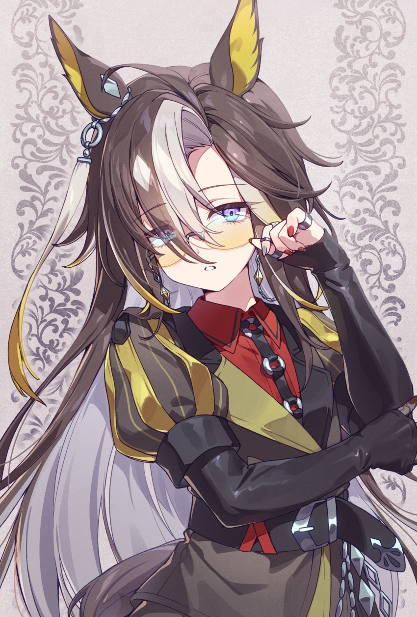 1girl, animal_ears, brown_hair, colored_inner_animal_ears, colored_inner_hair, commentary_request, dolldolldd, dream_journey_(reminder_of_dreamland)_(umamusume)