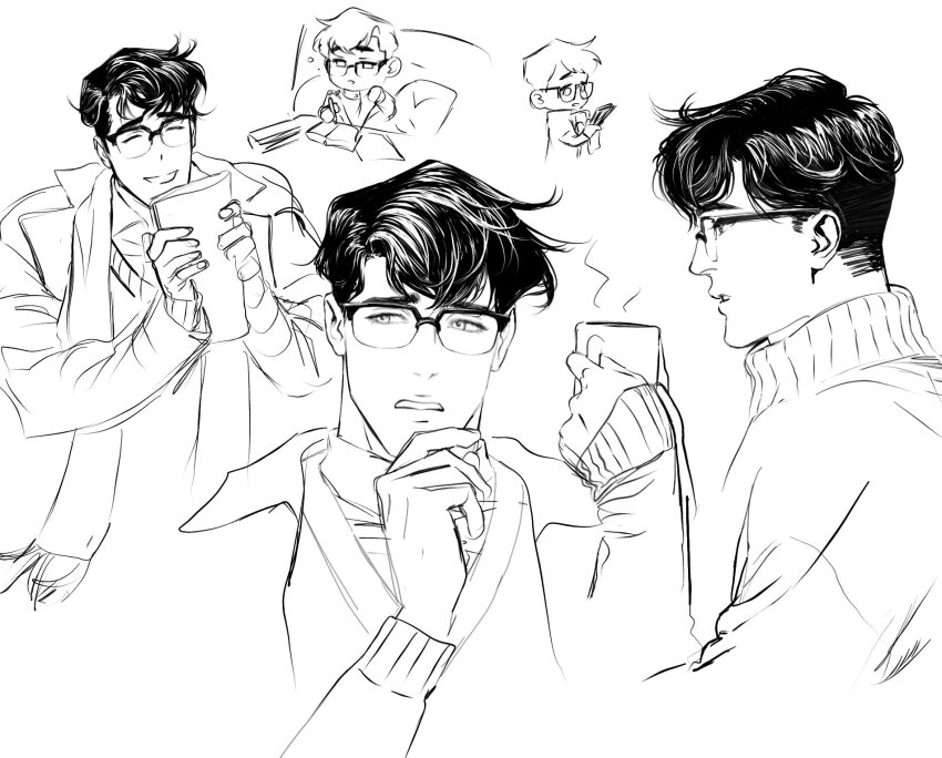 1boy, ^_^, black_hair, chibi, clark_kent, closed_eyes, coat, cup