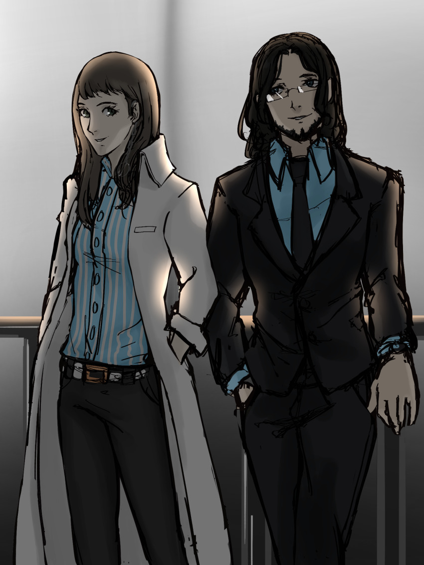 1boy, 1girl, 2020, atlus, beard, belt, blue_shirt, brown_hair