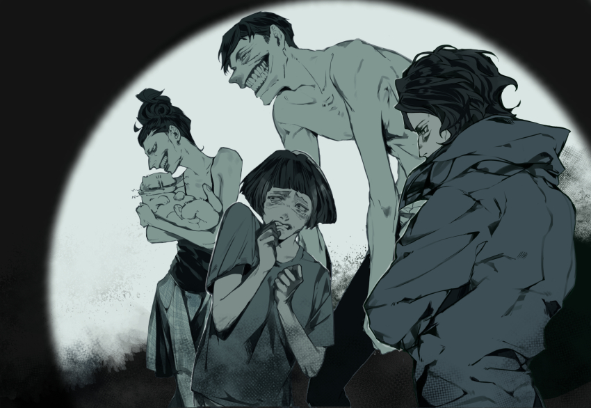 2boys, 2girls, animal, black_hair, bob_cut, cashier_girl_(no_i'm_not_a_human), cat, cat_lady_(no_i'm_not_a_human)