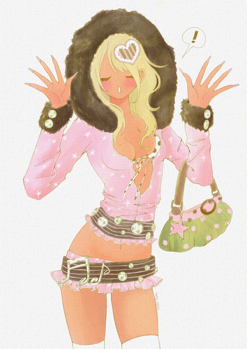 !, 1girl, :o, aiyuni, artist_name, bag, bag_charm, belt, bikini, black_belt, black_fur, blonde_hair, blush, breasts, buttons, charm_(object), closed_eyes, commentary, cowboy_shot, cropped_jacket, dress, english_commentary, eyelashes, fashion, fingernails, frilled_dress, frilled_jacket, frills, front-tie_bikini_top, front-tie_top, fur-trimmed_jacket, fur_trim, green_bag, hair_ornament, handbag, hands_up, heart, heart_hair_ornament, highres, hood, hood_up, hooded_jacket, jacket, kneehighs, large_belt, long_fingernails, long_sleeves, lowleg, lowleg_skirt, midriff, miniskirt, multicolored_bag, musical_note, navel, no_eyebrows, no_nose, open_hands, original, paper_background, partially_unbuttoned, pink_bag, pink_belt, pink_dress, pink_jacket, pink_nails, polka_dot, polka_dot_bag, polka_dot_bikini, skirt, small_breasts, socks, star_(symbol), star_charm, star_print, swept_bangs, swimsuit, tan, teeth, two-tone_belt, wavy_hair, white_background, white_bikini, white_socks, y2k_fashion