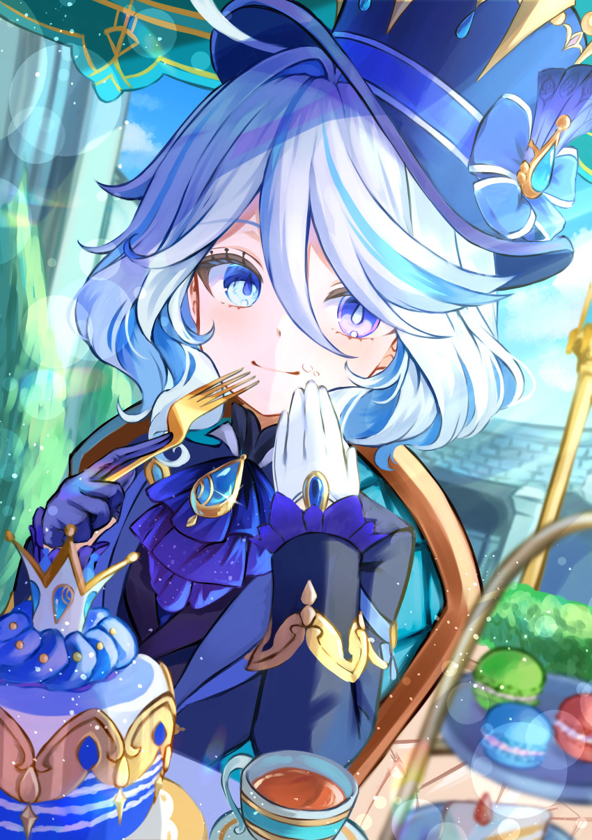 1girl, absurdres, ascot, asymmetrical_gloves, black_vest, blue_ascot, blue_bow, blue_gem, blue_gloves, blue_hair, blue_hat, blue_jacket, bow, closed_mouth, cream, cream_on_face, day, drop-shaped_pupils, dutch_angle, eating, food, food_on_face, fork, furina_(genshin_impact), gem, genshin_impact, gloves, gold_fork, hair_between_eyes, hat, hat_bow, heterochromia, highres, holding, holding_fork, jacket, lens_flare, long_sleeves, looking_at_viewer, macaron, mismatched_gloves, mismatched_pupils, multicolored_hair, nanase_sato, outdoors, sitting, smile, solo, sparkle, streaked_hair, symbol-shaped_pupils, top_hat, two-tone_hair, vest, white_gloves, white_hair