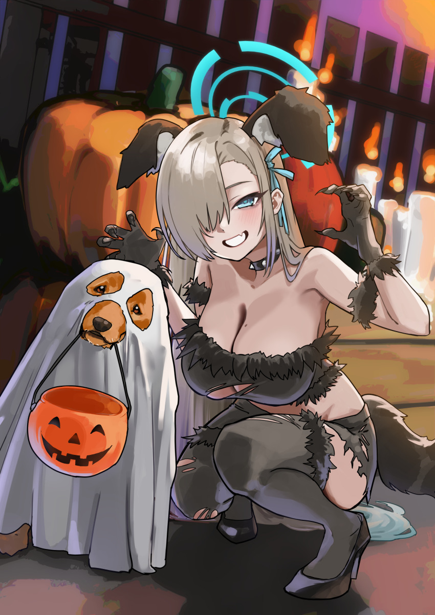 1girl, 1other, amanattou_shigure, animal_collar, animal_ears, asuna_(blue_archive), bare_shoulders, black_shirt