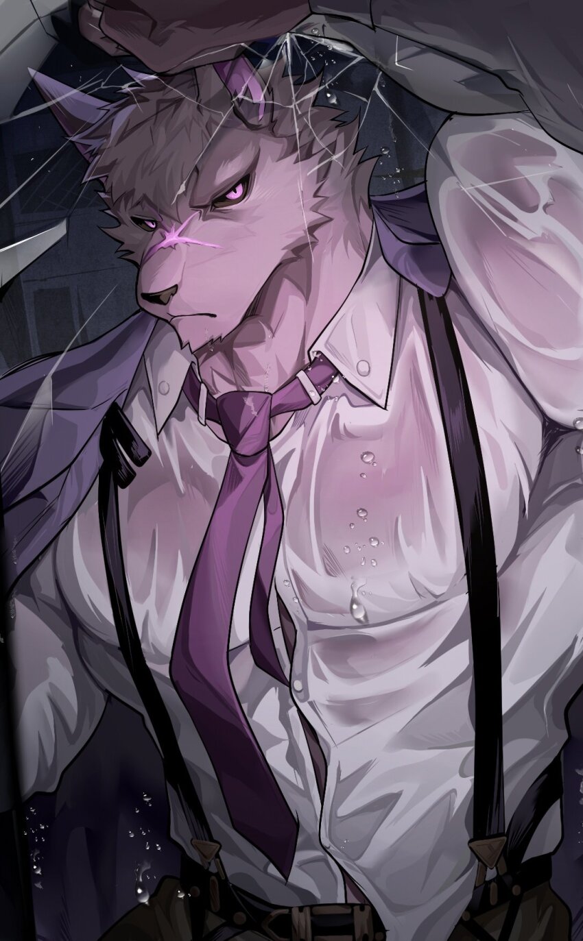1boy, animal_ears, ao_(chung0u0), broken_glass, button_gap, chaos_zero_nightmare, dress_shirt, furry, furry_male, glass, highres, hugo_(chaos_zero_nightmare), looking_at_viewer, necktie, purple_fur, scar, scar_on_face, see-through_clothes, shirt, solo, solo_focus, suspenders, upper_body, water_drop, wet, wet_clothes, wet_shirt, wolf_boy