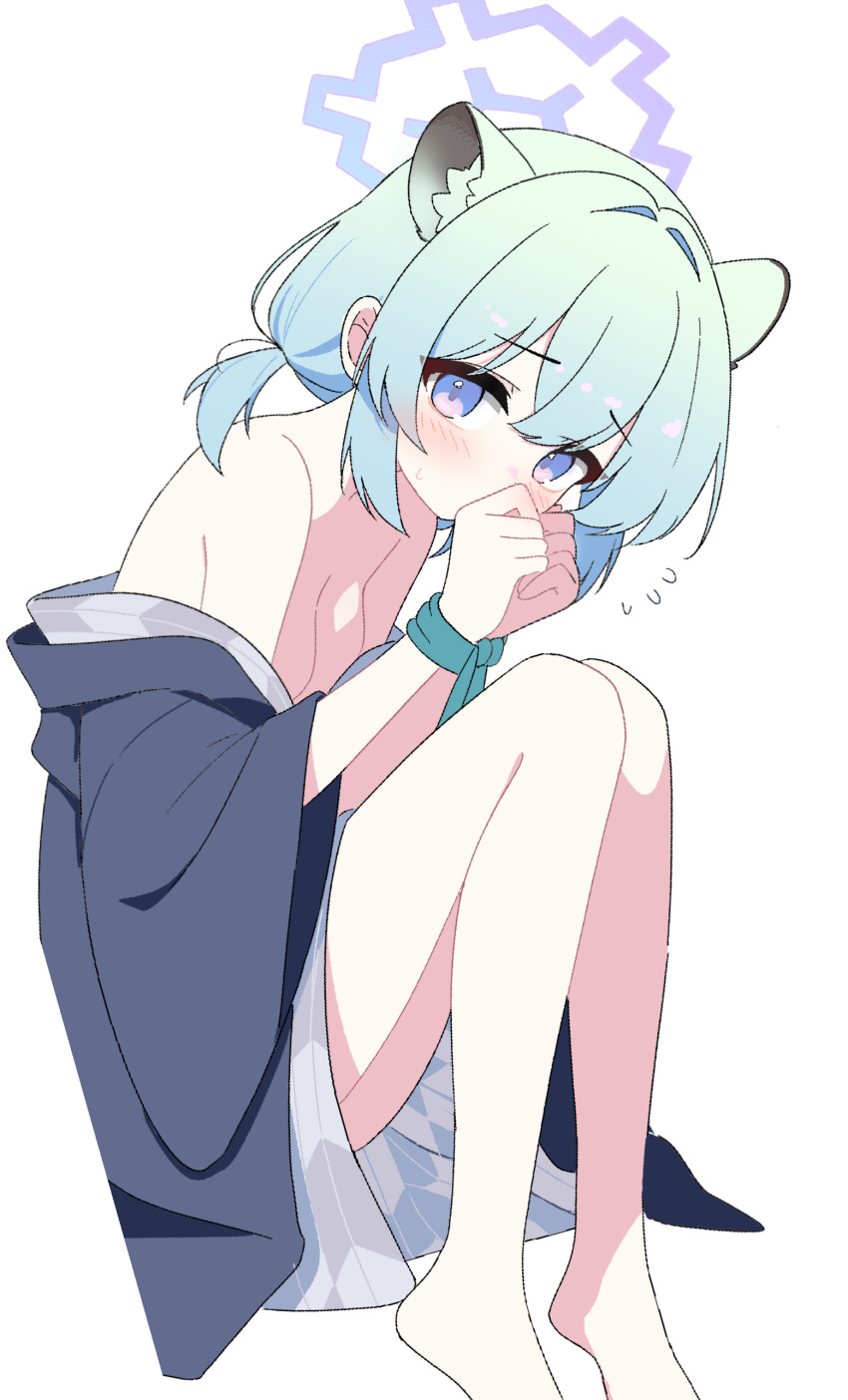 1girl, absurdres, animal_ears, aqua_hair, bare_legs, barefoot, blue_archive, blue_eyes