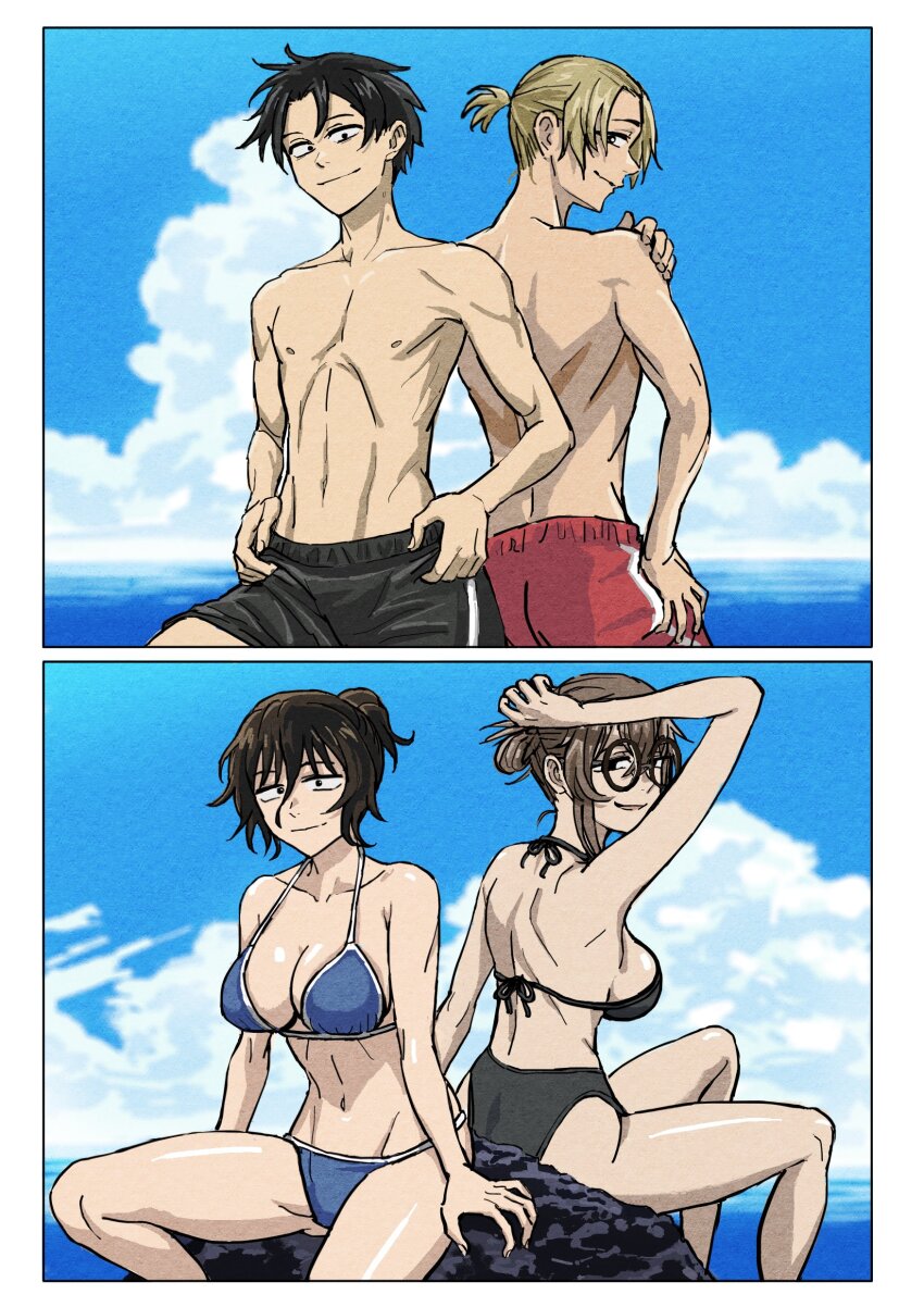 2boys, 2girls, absurdres, asai_akira, beach, bikini, black_bikini, black_hair, blonde_hair, blue_bikini, breasts, brown_hair, cleavage, glasses, grand_blue, highres, large_breasts, long_hair, looking_at_viewer, mature_female, multiple_boys, multiple_girls, ponytail, reiquant, rock, seki_mahiru, short_hair, sideboob, sitting, swimsuit, thighs, uguisu_anko, yamori_kou, yofukashi_no_uta