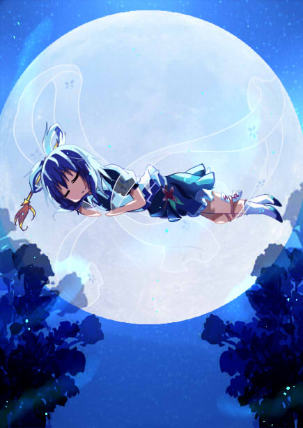 1girl, bad_id, bad_pixiv_id, blue_hair, dress, female_focus, floating, flower, full_moon, furiwo, hair_ornament, hair_rings, hair_stick, kaku_seiga, moon, moshimoshi, shawl, short_hair, sleeping, solo, touhou