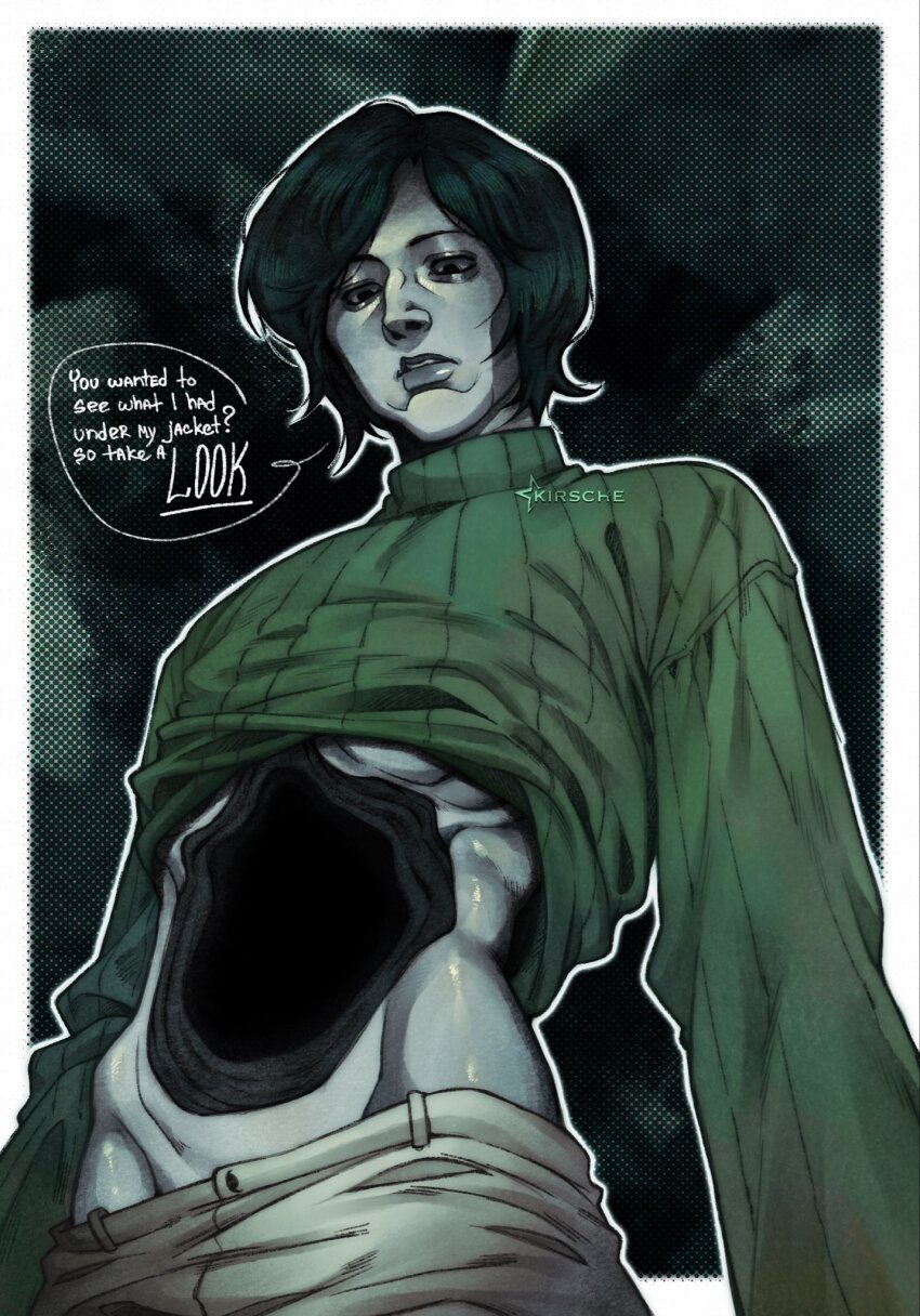 1boy, black_eyes, black_hair, coat_guy_(no_i'm_not_a_human), colored_skin, highres, hole_in_stomach, jowls, kirsssche, lips, long_sleeves, male_focus, no_i'm_not_a_human, short_hair, solo, speech_bubble, spoilers, sweater