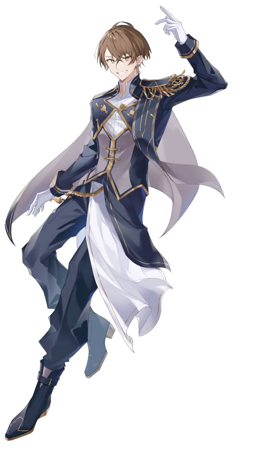 1boy, aiguillette, ankle_boots, arm_up, benichaaa, blue_boots, blue_pants, blue_shirt