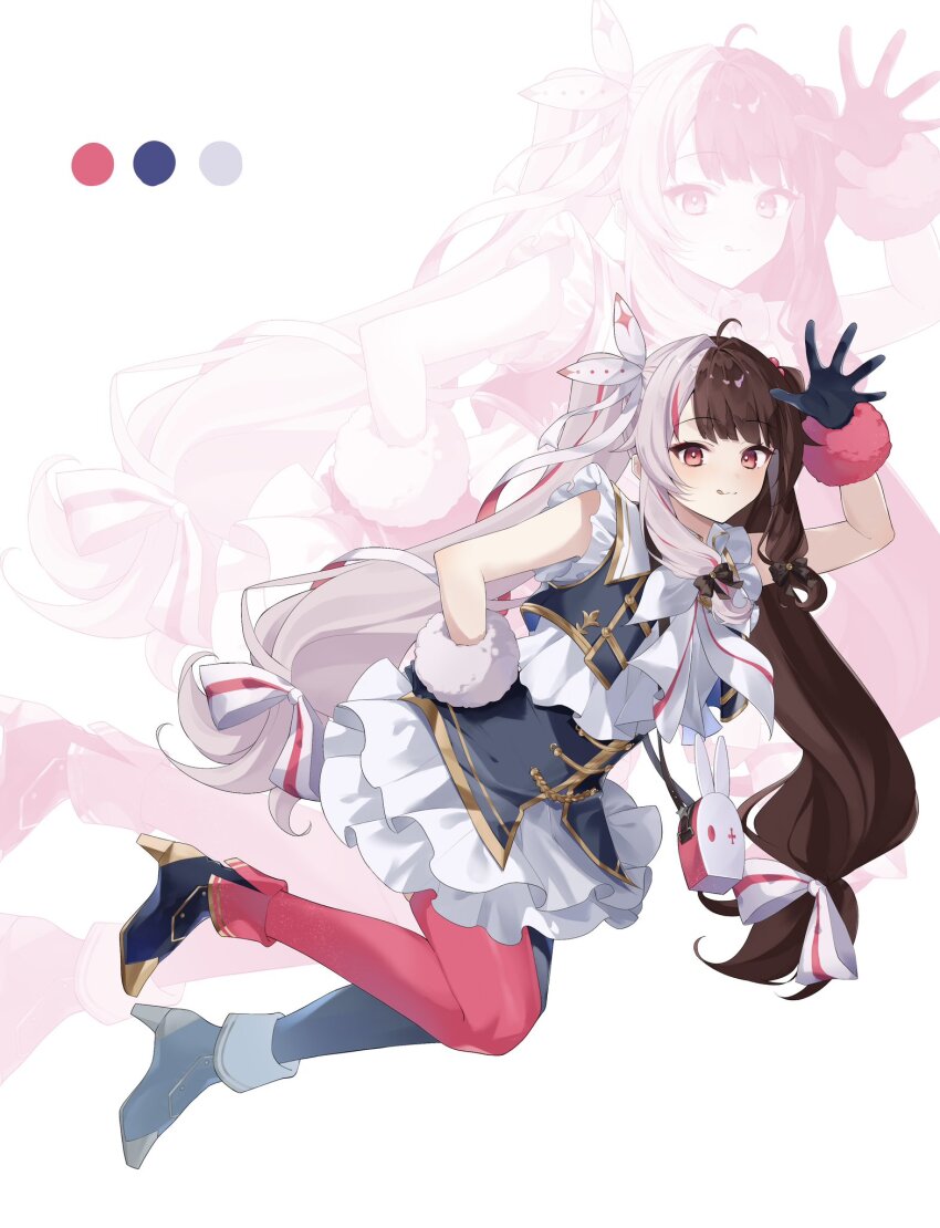 1girl, :q, ahoge, ankle_boots, arm_up, benichaaa, blue_boots, blue_gloves, blue_shirt, blue_skirt, blue_thighhighs, blush, boots, bow, bracelet, bright_pupils, brown_hair, closed_mouth, color_guide, commentary_request, fold-over_boots, frilled_skirt, frills, full_body, fur_bracelet, gloves, gold_trim, hair_bow, hand_on_own_hip, high-waist_skirt, high_heel_boots, high_heels, highres, idol_clothes, jewelry, layered_shirt, layered_skirt, long_hair, long_sidelocks, looking_at_viewer, low-tied_long_hair, low-tied_sidelocks, miniskirt, mismatched_boots, mismatched_thighhighs, multicolored_hair, nijisanji, nijisanji_idol_uniform, pink_eyes, pink_hair, pink_thighhighs, shirt, sidelocks, skirt, sleeveless, sleeveless_shirt, solo, split-color_hair, streaked_hair, thighhighs, tongue, tongue_out, twintails, very_long_hair, virtual_youtuber, white_background, white_bow, white_hair, white_pupils, white_shirt, white_skirt, yorumi_rena, zoom_layer