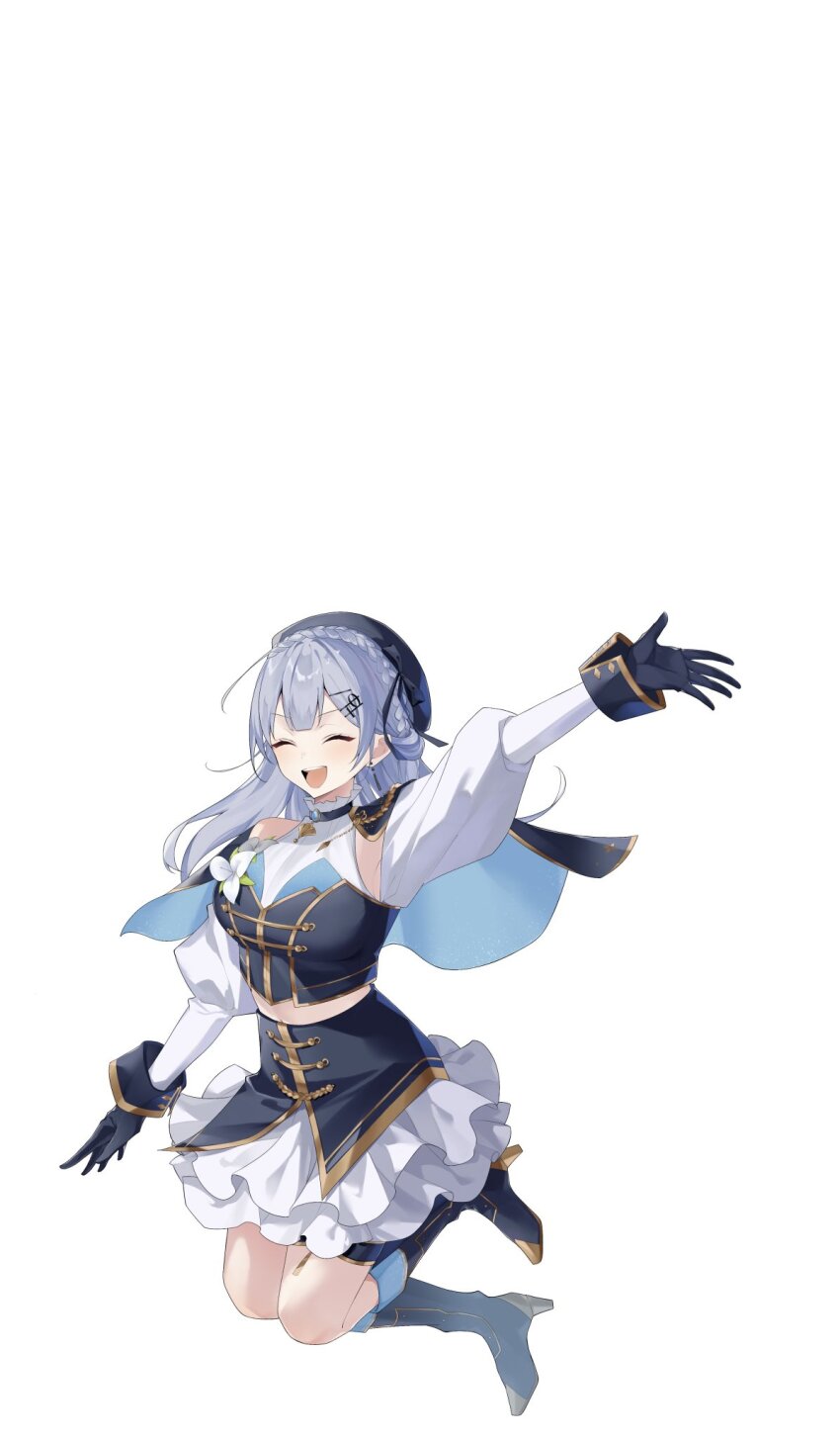 1girl, :d, ^_^, arm_up, benichaaa, beret, blue_boots, blue_cape