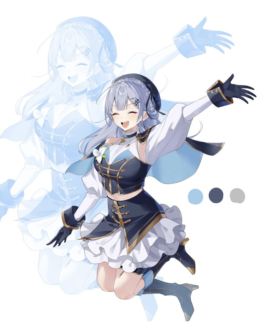 1girl, :d, ^_^, arm_up, benichaaa, beret, blue_boots, blue_cape, blue_gloves, blue_hat, blue_shirt, blue_skirt, blush, boots, braid, breasts, cape, closed_eyes, clothing_cutout, color_guide, commentary_request, crown_braid, double-parted_bangs, earrings, fold-over_gloves, frilled_shirt_collar, frilled_skirt, frills, full_body, gloves, gold_trim, grey_hair, hakase_fuyuki, hat, high-waist_skirt, high_heel_boots, high_heels, highres, idol_clothes, jewelry, knee_boots, large_breasts, layered_shirt, layered_skirt, legs_up, long_hair, long_sleeves, midriff, miniskirt, navel, nijisanji, nijisanji_idol_uniform, number_hair_ornament, open_mouth, puffy_long_sleeves, puffy_sleeves, shirt, shoulder_cutout, side_cape, skirt, smile, solo, teeth, thigh_strap, two-sided_cape, two-sided_fabric, upper_teeth_only, v-shaped_eyebrows, virtual_youtuber, white_background, white_shirt, white_skirt, zoom_layer