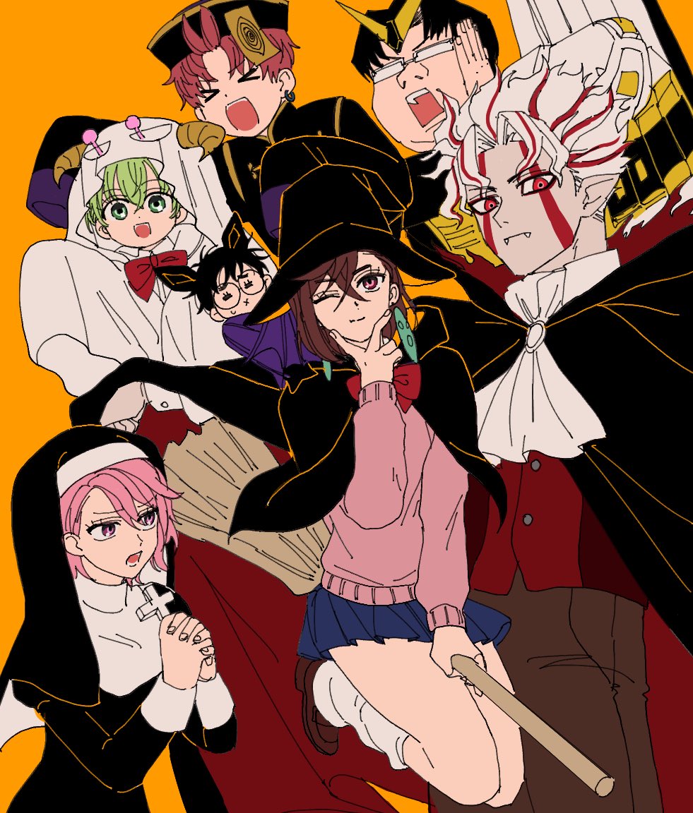 >_<, 3girls, 4boys, adjusting_eyewear, animal_ears, ascot, ayase_momo, bat_boy