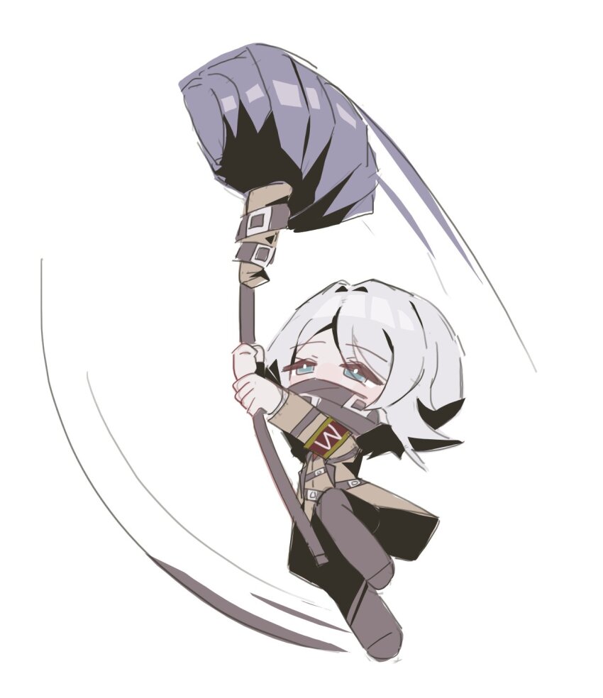 1girl, arms_up, black_pants, black_shoes, blue_eyes, brown_coat, chibi, coat, e.g.o_(project_moon), faust_(project_moon), glass_fill16, hammer, highres, holding, holding_hammer, limbus_company, lobotomy_corporation_(identity)_(project_moon), long_sleeves, pants, project_moon, regret_(e.g.o), shoes, short_hair, simple_background, solo, swinging_weapon, white_background, white_hair