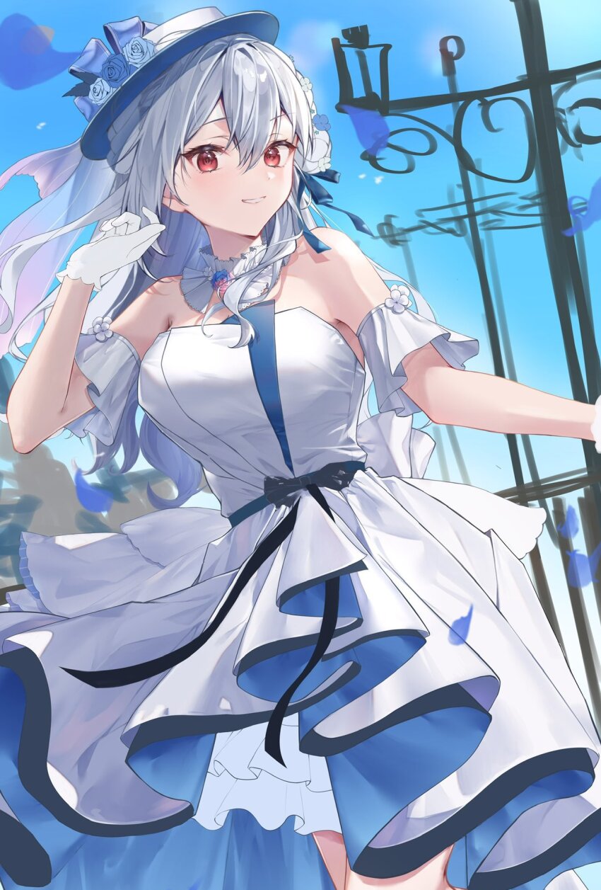 1girl, armpit_crease, bare_shoulders, belt, benichaaa, black_belt, blue_dress, blue_flower