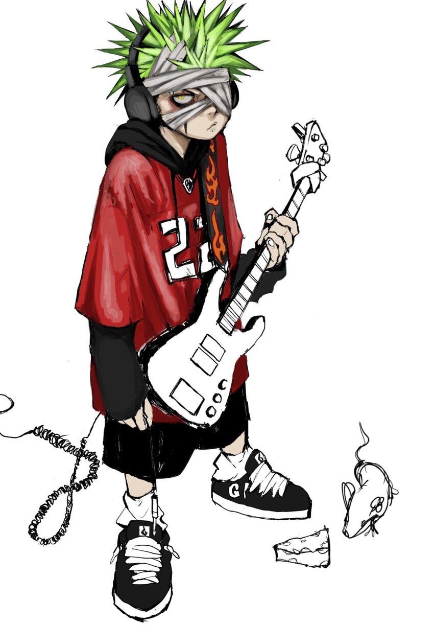 1boy, bags_under_eyes, bandage_on_face, bandages, black_hoodie, black_shoes, black_shorts, cable