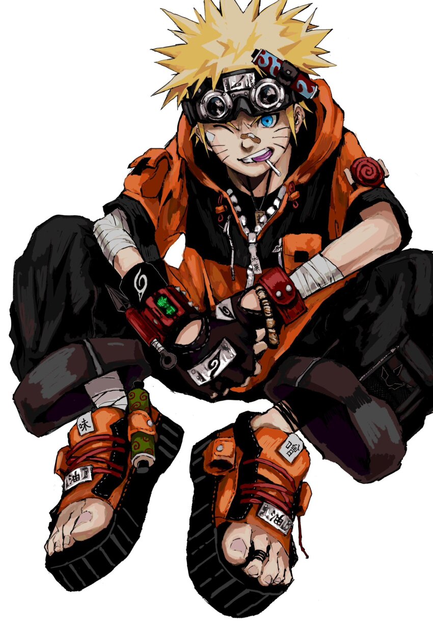 1boy, adapted_costume, bandaged_arm, bandaged_leg, bandages, bandaid, bandaid_on_cheek, bandaid_on_face