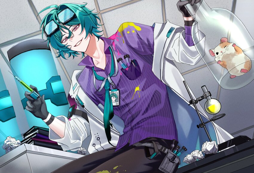 1boy, absurdres, black_gloves, book, book_stack, ceiling, crumpled_paper, cup