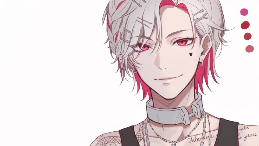 1boy, bare_shoulders, black_tank_top, chain, earrings, first_stage_production, hair_ornament, hairclip