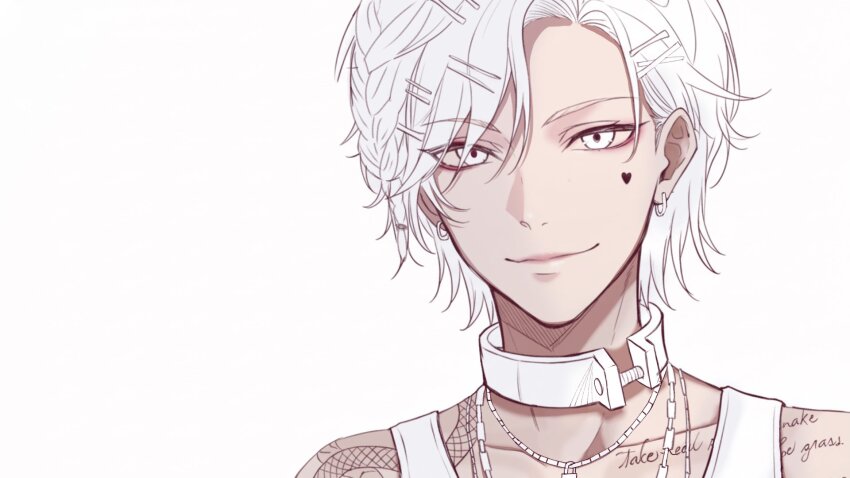 1boy, chain, earrings, facial_tattoo, first_stage_production, hair_ornament, hairclip, highres