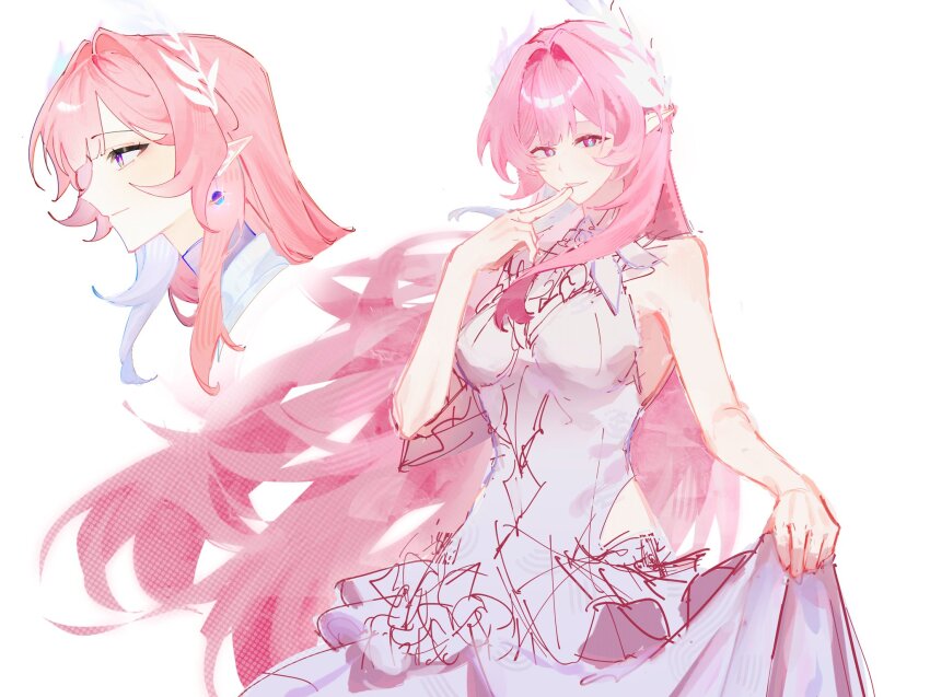 1girl, bare_shoulders, breasts, commentary, cyrene_(honkai:_star_rail), cyrene_(demiurge)_(honkai:_star_rail), dress, earrings