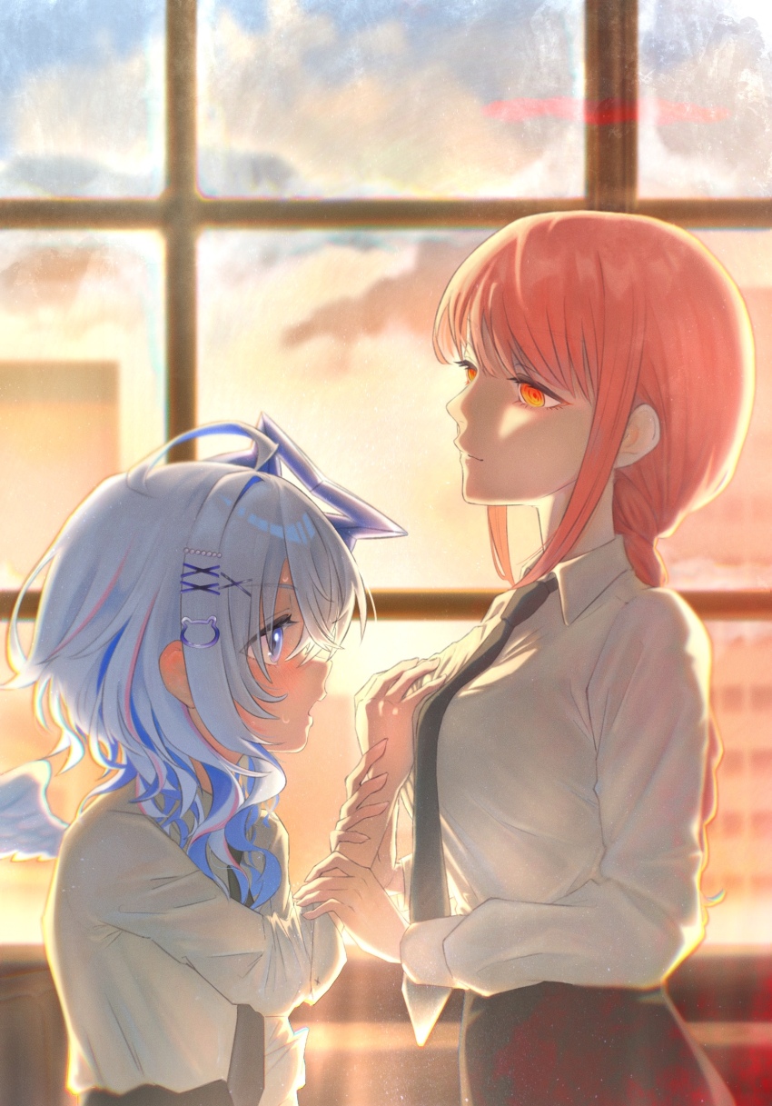 2girls, amane_kanata, black_necktie, black_pants, blue_eyes, blue_hair, braid, braided_ponytail, breasts, chainsaw_man, collared_shirt, feathered_wings, grabbing_another's_breast, grey_hair, groping, guided_breast_grab, guiding_hand, guuuuuu41, hair_ornament, highres, hololive, indoors, large_breasts, long_sleeves, makima_(chainsaw_man), mini_wings, multicolored_hair, multiple_girls, necktie, pants, red_eyes, red_hair, shirt, shirt_tucked_in, sidelocks, virtual_youtuber, white_shirt, white_wings, window, wings, x_hair_ornament, yuri