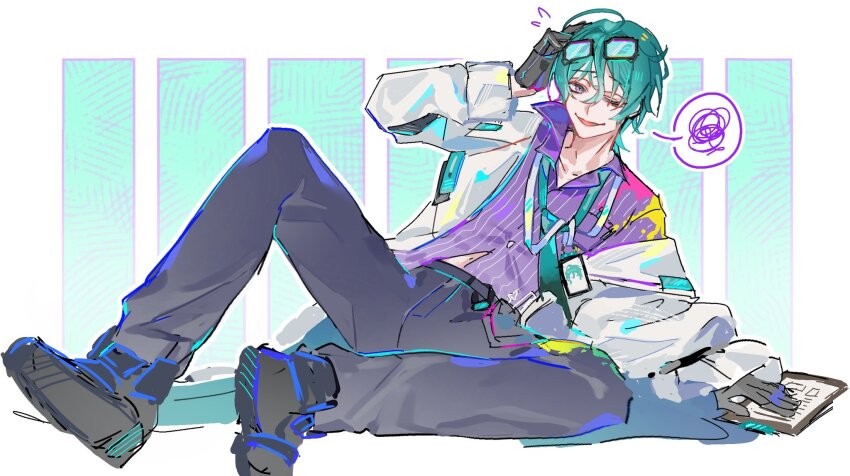 black_gloves, black_pants, black_shoes, clipboard, coat, elias_delborne, eyewear_on_head, first_stage_production