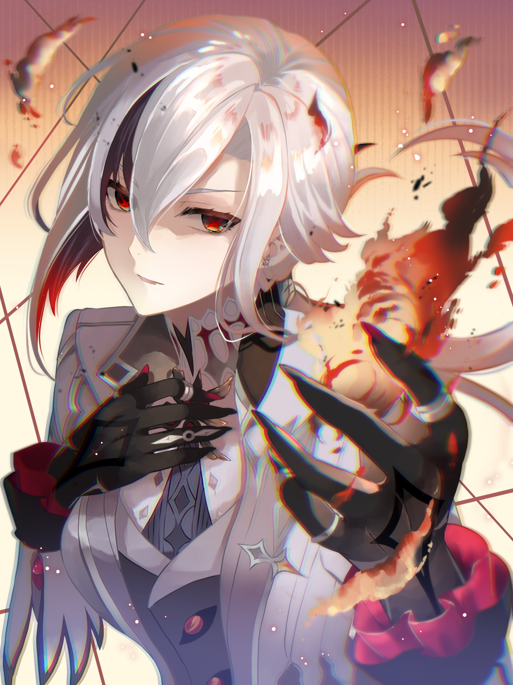 1girl, arlecchino_(genshin_impact), black_eyes, black_hair, black_hands, chromatic_aberration, coat, colored_extremities