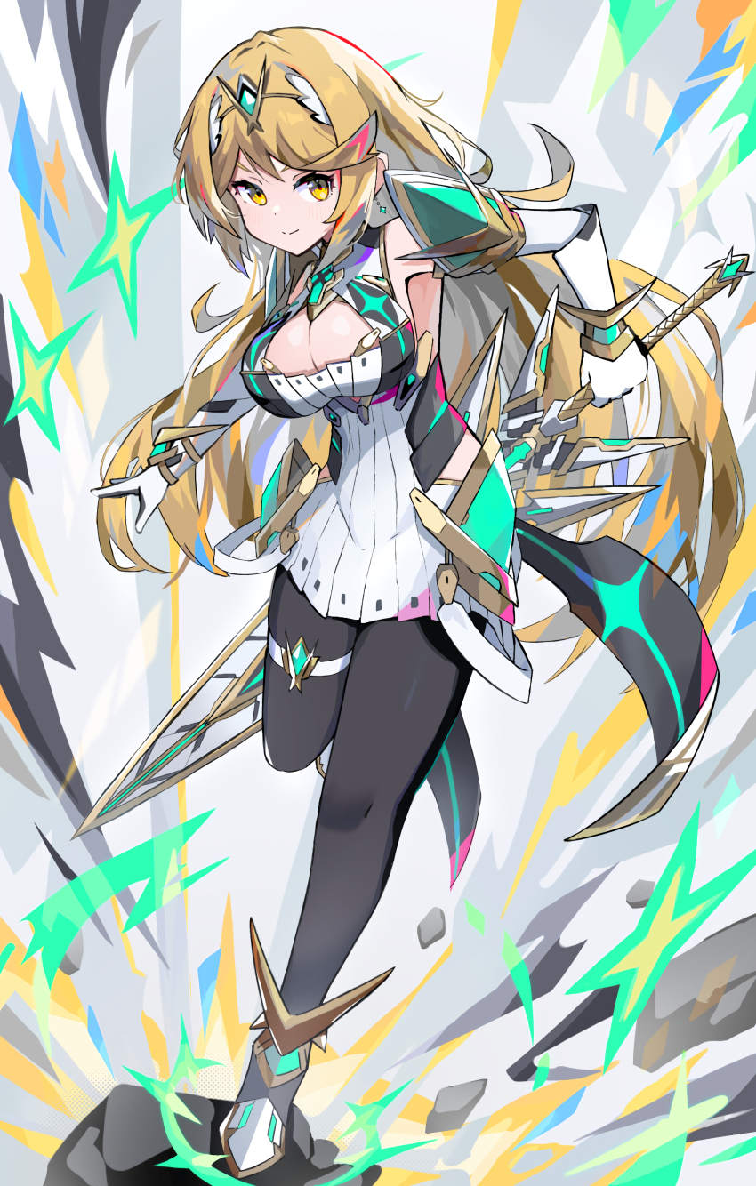 1girl, absurdres, bakeneko1212, black_pantyhose, blonde_hair, breasts, chest_jewel, cleavage