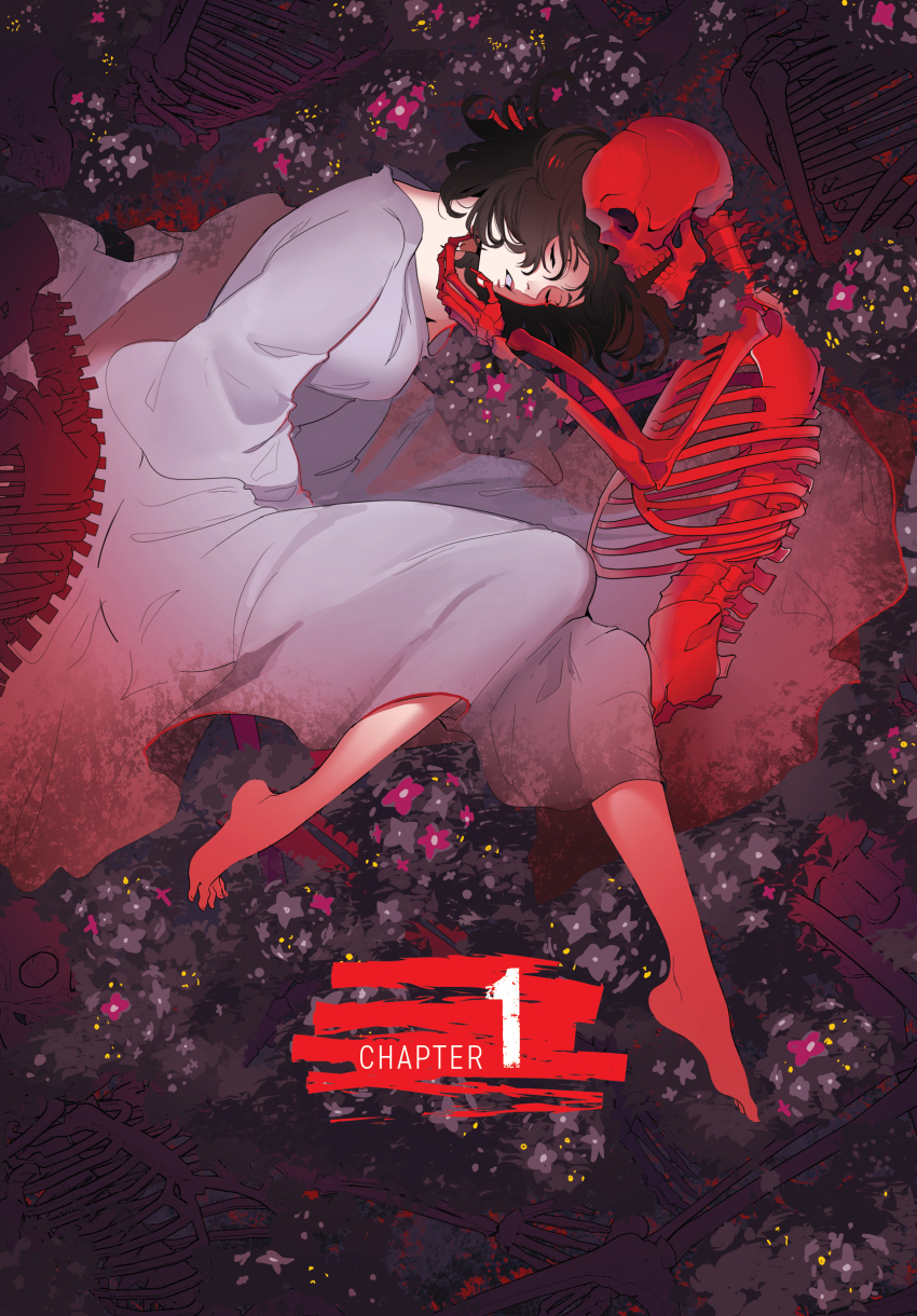 1girl, absurdres, barefoot, black_hair, closed_eyes, commentary, curled_up, dress