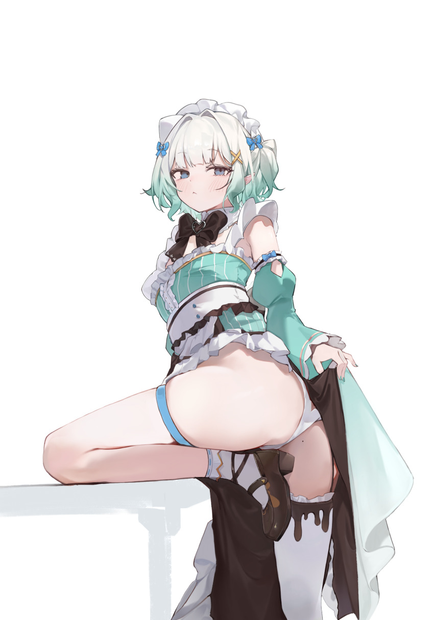 1girl, :<, ass, black_bow, blue_bow, blue_eyes, bow, bowtie, dress, frilled_dress, frills, gradient_hair, green_dress, green_hair, hair_bow, hair_ornament, highres, i!roha, indie_virtual_youtuber, leg_up, maid_headdress, mint_fantome, mole, mole_on_ass, multicolored_hair, panties, pointy_ears, standing, standing_on_one_leg, thigh_strap, thighhighs, underwear, virtual_youtuber, white_hair, white_panties, white_thighhighs, x_hair_ornament