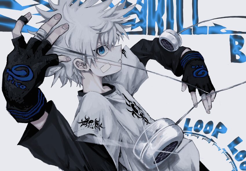 1boy, adapted_costume, bandaid, bandaid_on_cheek, bandaid_on_face, black_gloves, blue_eyes, english_text, fingerless_gloves, gloves, highres, holding, hunter_x_hunter, killua_zoldyck, layered_sleeves, long_sleeves, looking_at_viewer, male_focus, nu_punxxxz, print_shirt, shirt, short_hair, simple_background, solo, sparkle, spiked_hair, white_background, white_hair, white_shirt, yo-yo