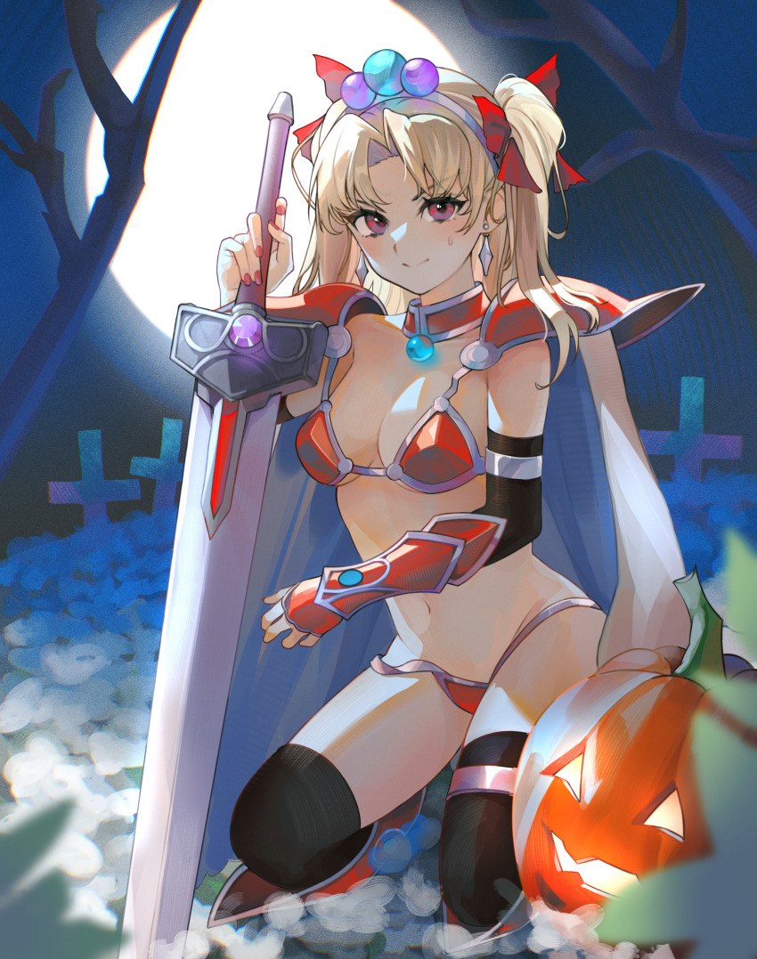 1girl, armor, bikini_armor, black_thighhighs, blonde_hair, breasts, cape, cosplay