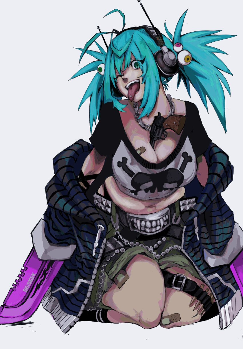 1girl, ammunition_belt, antenna_hair, antennae, aqua_hair, bandaid, bandaid_on_breast, bandaid_on_leg, belly, belt, belt_buckle, black_socks, blue_jacket, breasts, buckle, chain, chain_necklace, cleavage, combat_knife, commentary, crop_top, dual_wielding, eyeball_hair_ornament, french_kiss, green_eyes, green_shorts, gun, handgun, headphones, highres, holding, holding_gun, holding_weapon, jacket, jewelry, kiss, knife, large_breasts, long_hair, necklace, nu_punxxxz, off_shoulder, one_eye_closed, open_mouth, original, piercing, plump, print_shirt, ringed_eyes, shirt, shorts, simple_background, sitting, skull_and_crossbones, smile, socks, solo, striped_clothes, striped_jacket, studded_belt, untranslatable_commentary, thick_thighs, thigh_belt, thigh_strap, thighs, tongue_piercing, twintails, wariza, weapon, white_background