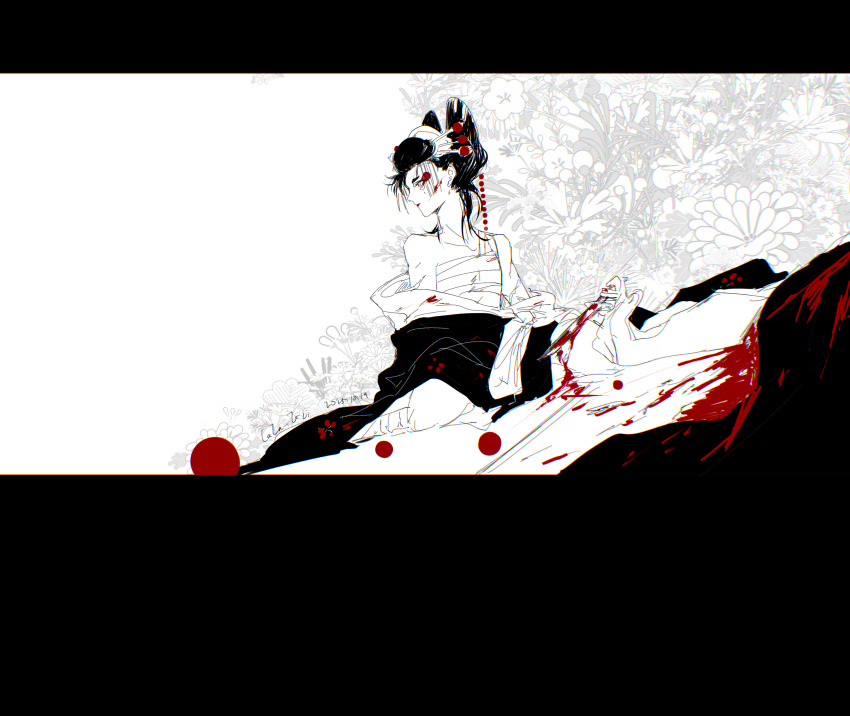 1boy, absurdres, bare_shoulders, black_border, blood, blood_stain, bloody_weapon, border