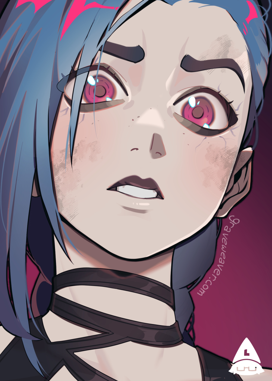 1girl, arcane:_league_of_legends, arcane_jinx, bags_under_eyes, blue_hair, close-up, dirty, dirty_face