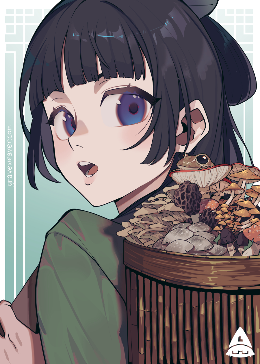 1girl, :o, basket, black_hair, blue_eyes, blunt_bangs, breasts, double-parted_bangs