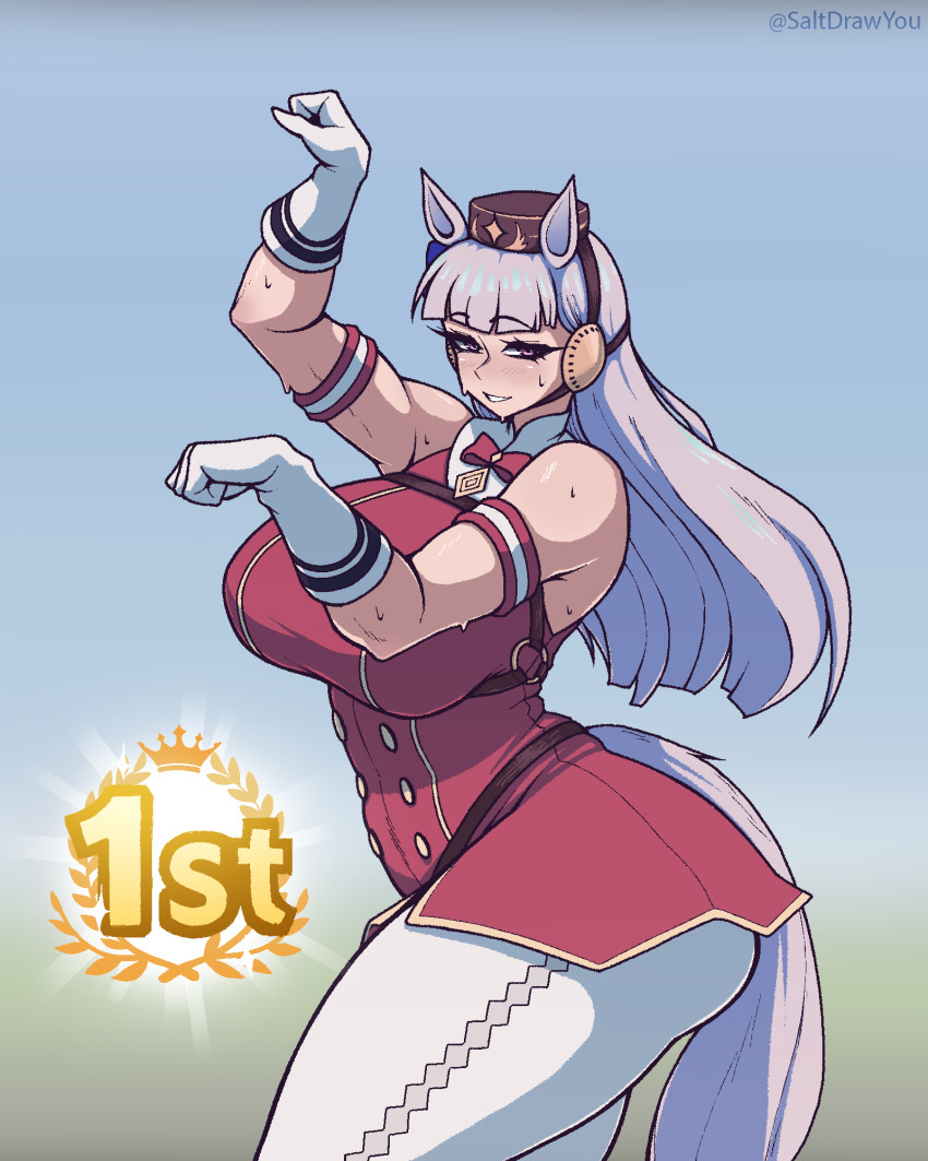 1girl, absurdres, alternate_breast_size_(larger), animal_ears, arm_up, armband, artist_name, bare_shoulders