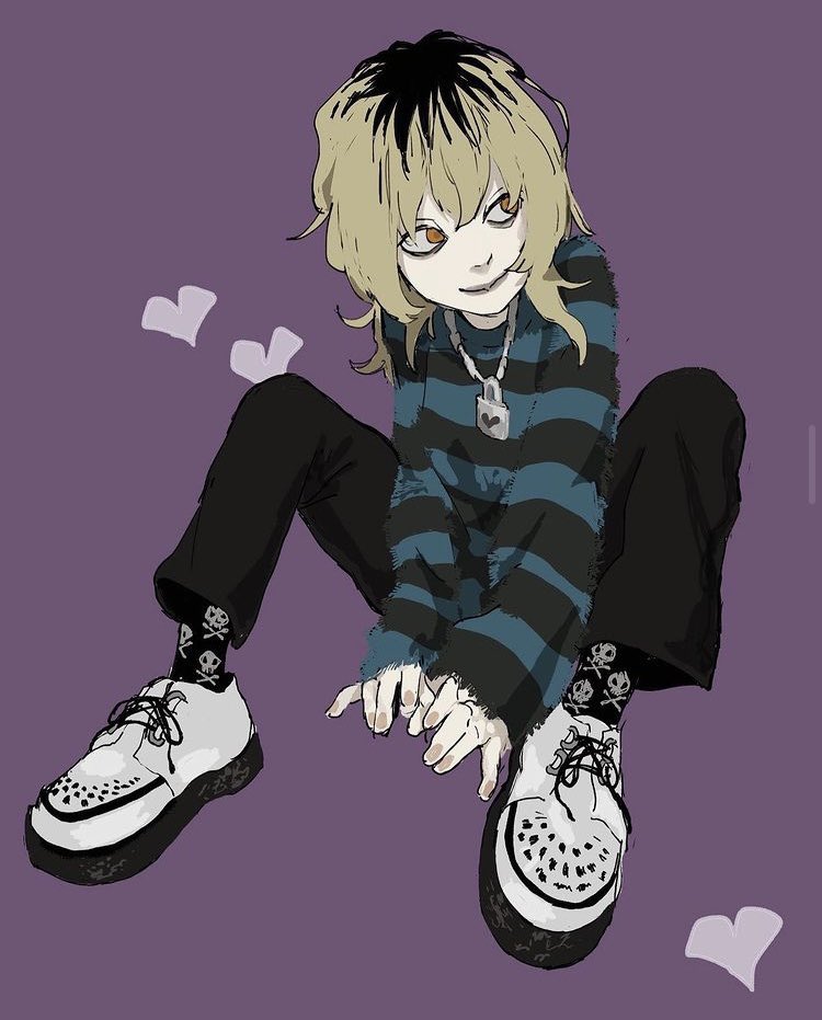 1girl, bags_under_eyes, black_hair, black_pants, blonde_hair, closed_mouth, creepers, full_body