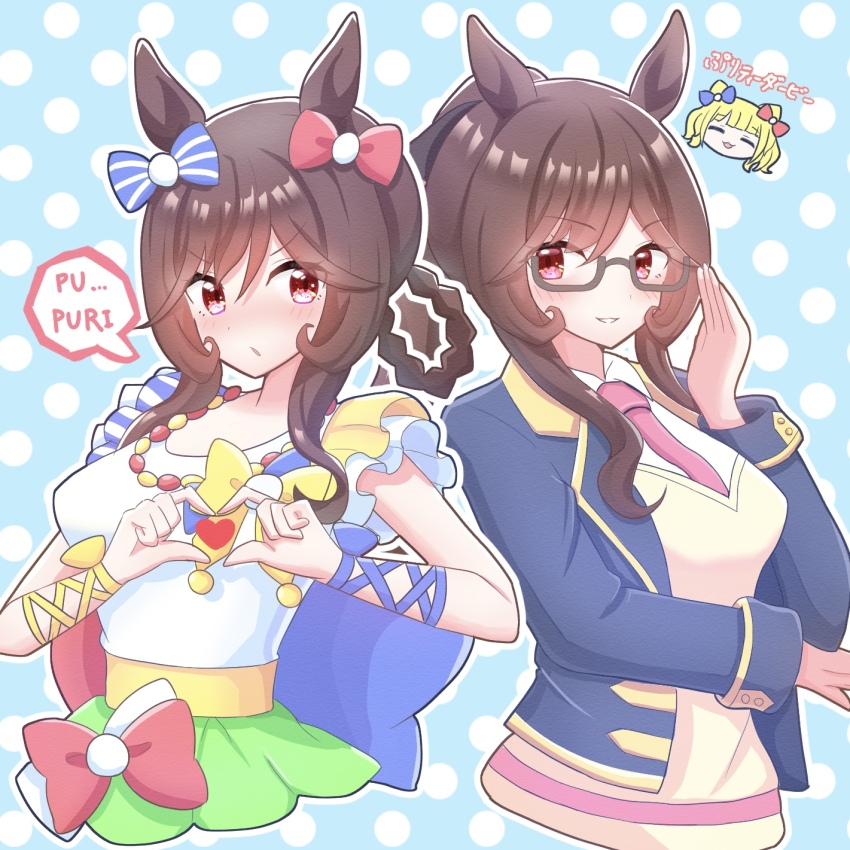 2nisikoyn, alternate_costume, animal_ears, black-framed_eyewear, braid, braided_hair_rings, brown_hair, cosplay