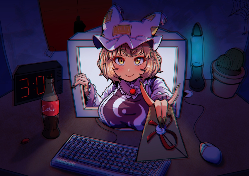 1girl, :>, absurdres, animal_ears, animal_hat, blonde_hair, blue_tabard, bottle